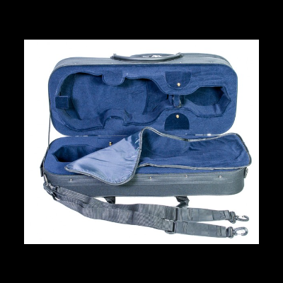 Estojo rígido preto para violino com interior almofadado azul e alça ajustável