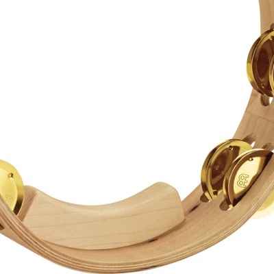 Pandeireta redonda em madeira clara com castanholas douradas