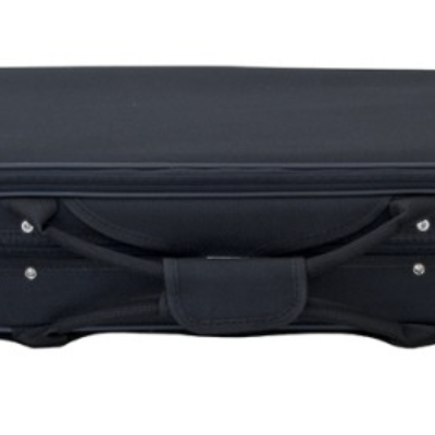 Estojo preto retangular para instrumento musical com fechos metálicos e pega acolchoada