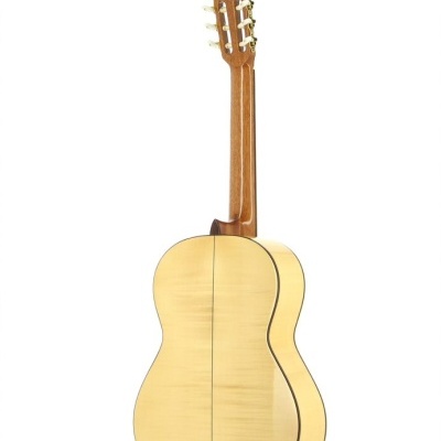 Guitarra clássica de madeira vista de trás com corpo claro e braço castanho