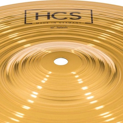 Prato de bateria dourado com texto HCS, MADE IN GERMANY e 12