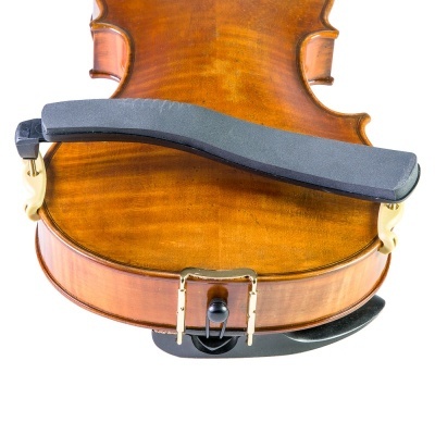 Contrabaixo castanho com apoio de ombro preto em espuma e suportes amarelos