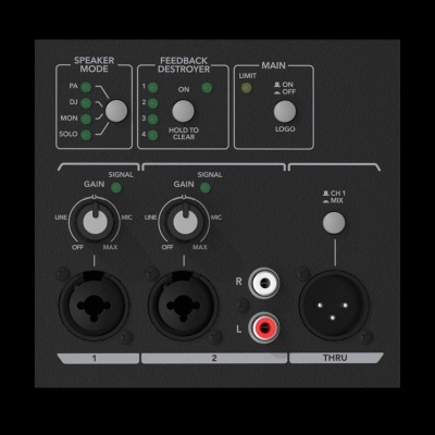 Painel de equipamento de áudio preto com controlos e conectores