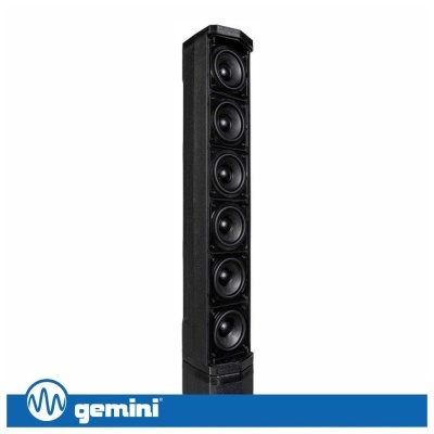 Coluna de som preta com cinco altifalantes alinhados e marca GEMINI