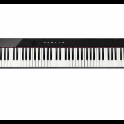 Piano digital preto com 88 teclas e painel de controle