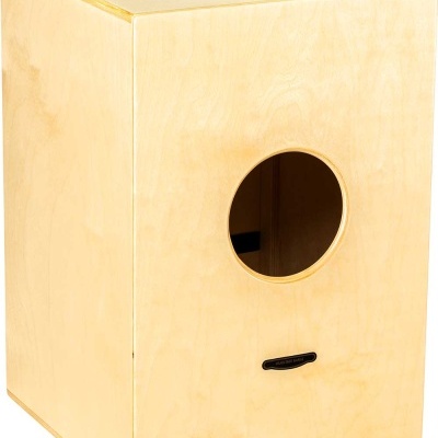 Caixa cajón de madeira clara com furo circular frontal e alça preta