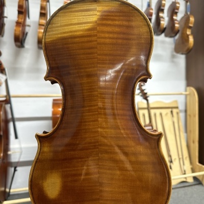 Parte traseira de violino em madeira castanha brilhante com textura natural, com vários violinos pendurados ao fundo