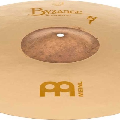 Prato de bateria dourado com área central martelada e textos 'Byzance' e 'MEINL'