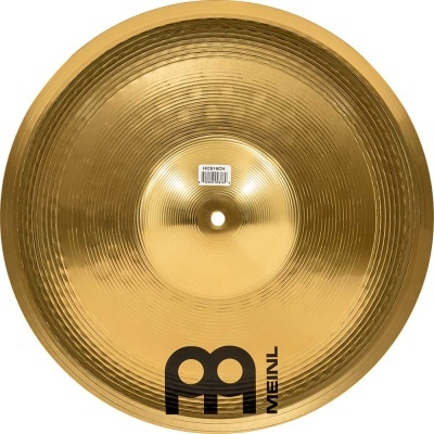 Prato de bateria dourado Meinl com textura circular e texto preto