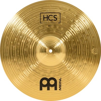 Prato de bateria dourado metálico com logo Meinl e texto HCS 14