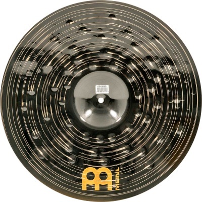 Prato de bateria preto com padrão de manchas e texto MEINL amarelo