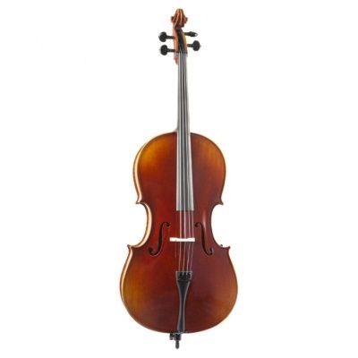Violoncelo castanho de madeira com quatro cordas