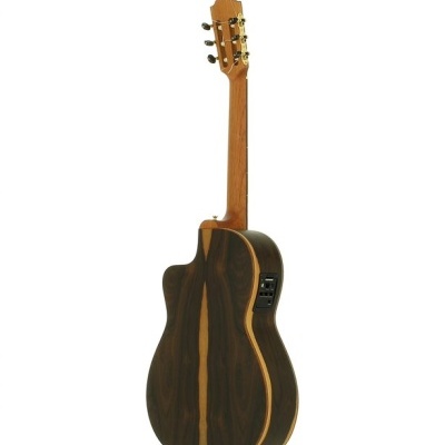 Guitarra acústica elétrica de madeira escura com padrão listrado e controles laterais