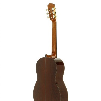 Guitarra clássica de madeira castanha escura vista de costas