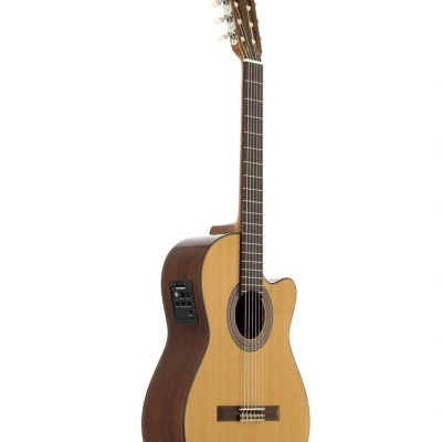 Guitarra clássica elétrica em madeira clara e escura com controlo na lateral