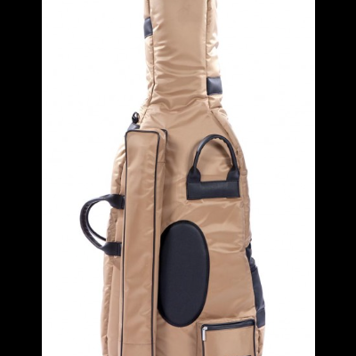 Capa de guitarra bege acolchoada com bolsos exteriores pretos e etiqueta prateada