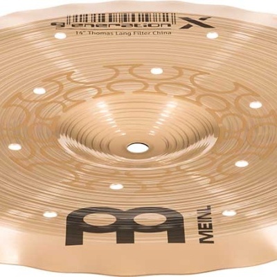 Prato de bateria de metal Meinl bronze com orifícios e texto preto