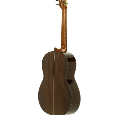 Guitarra acústica vista por trás com madeira castanha e textura visível