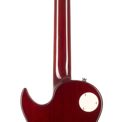 Guitarra elétrica vermelha escura vista de trás