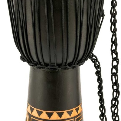 Tambor djembe preto com decoração geométrica laranja e pele branca