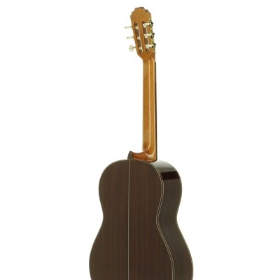 Guitarra clássica de madeira castanha escura com fundo dividido