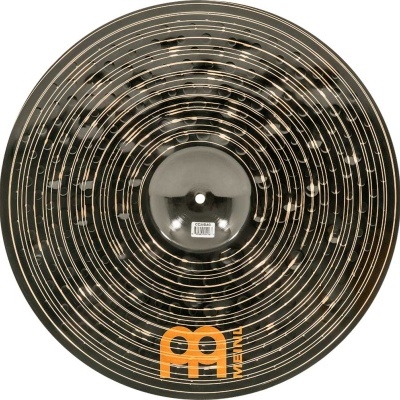 Prato de bateria metal preto com padrões circulares e logotipo laranja MEINL