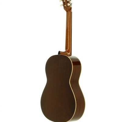 Guitarra clássica de madeira escura vista de trás