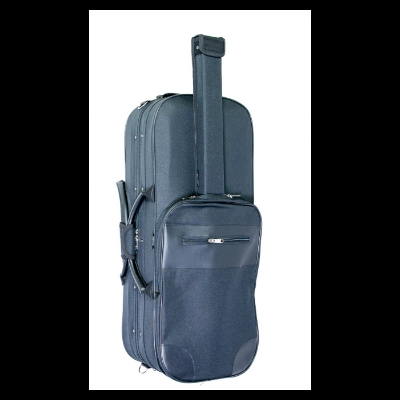 Mala de viagem rígida cinza escuro com bolso frontal e alça elevada