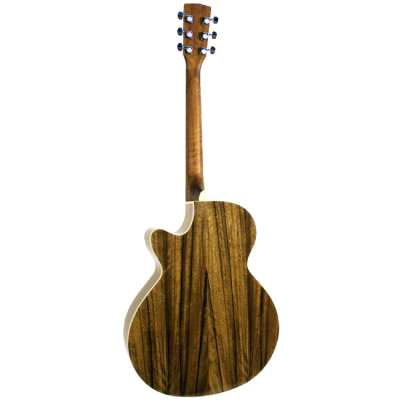 Guitarra acústica de madeira vista de costas com fundo preto