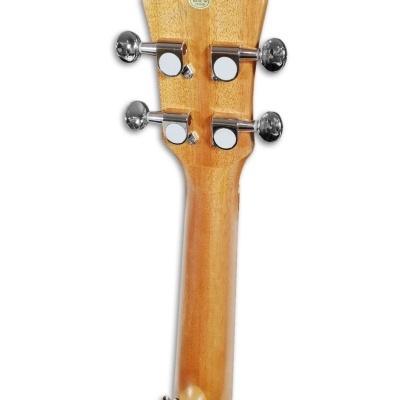Ukulele em madeira clara vista pela parte de trás com clavijas metálicas