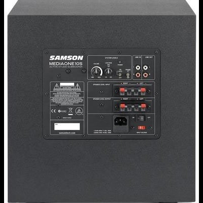 Subwoofer ativo SAMSON MEDIAONE10S preto com controlos e conexões na parte traseira