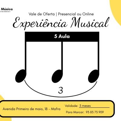 Vale de oferta para experiência musical presencial ou online com 5 aulas, validade 3 meses, contato e endereço na imagem
