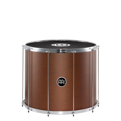 Tambor de madeira castanha com pele preta e logótipo MEINL