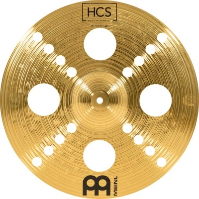 Prato de bateria metálico dourado com furos e inscrições HCS, MEINL