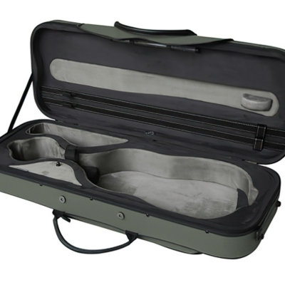 Estojo rígido verde para violino aberto com interior cinzento acolchoado