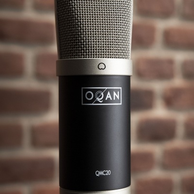 Microfone condenser preto e prateado com grelha metálica