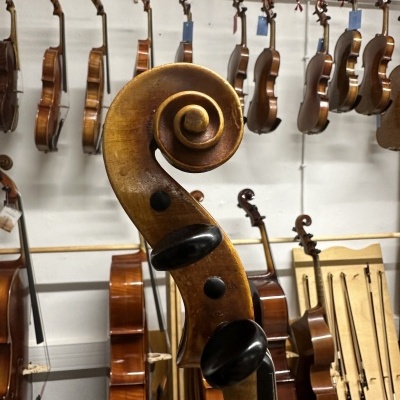 Close-up da rabeira de violino em madeira castanha com pinos pretos e vários violinos e violoncelos ao fundo