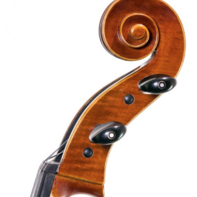 Parte superior de violino ou viola em madeira castanha com botões de afinação pretos