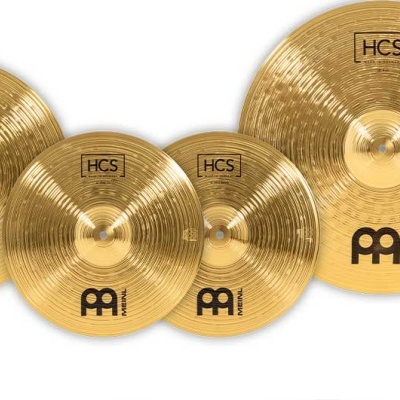Conjunto de quatro pratos de bateria dourados brilhantes com marca MEINL e HCS