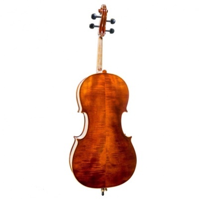 Violoncelo de madeira castanha visto de trás