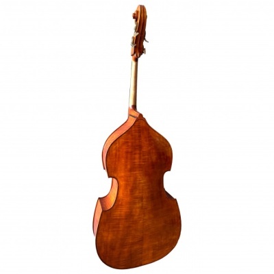 Contrabaixo de madeira castanha visto de trás