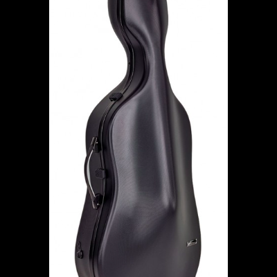 Estojo rígido preto para violoncelo com fechos e pega lateral.