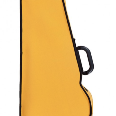 Estojo de tecido amarelo com pega preta para instrumento musical.