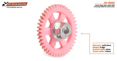 Engrenagem rosa de nylon com 43 dentes e porca metálica, etiqueta com especificações