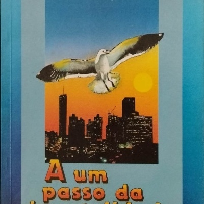 Capa de livro com gaivota a voar sobre cidade ao pôr do sol e texto A um passo da imortalidade.