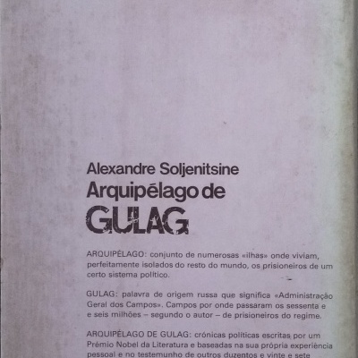 Capa cinza de livro Arquipélago de GULAG com texto em preto e logo dlt no topo