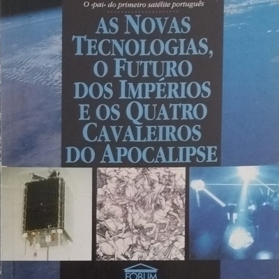 Capa de livro sobre novas tecnologias com imagens de satélite e cavaleiros do apocalipse