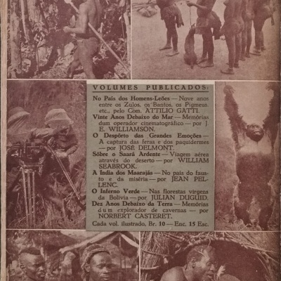 Páginas de livro com fotografias antigas sépia de povos indígenas e lista de volumes publicados em português.