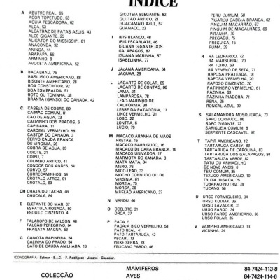 Índice de animais com nomes e números em texto preto sobre fundo branco