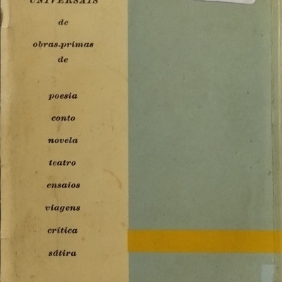 Capa de livro antigo com texto em amarelo e azul claro e etiqueta branca numerada